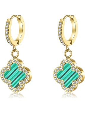 18K Gold Plated Green Clover Huggie Drop Earrings